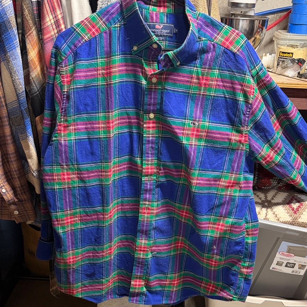 Vineyard Vines Men's Blue and Green Plaid Button Down Shirt
